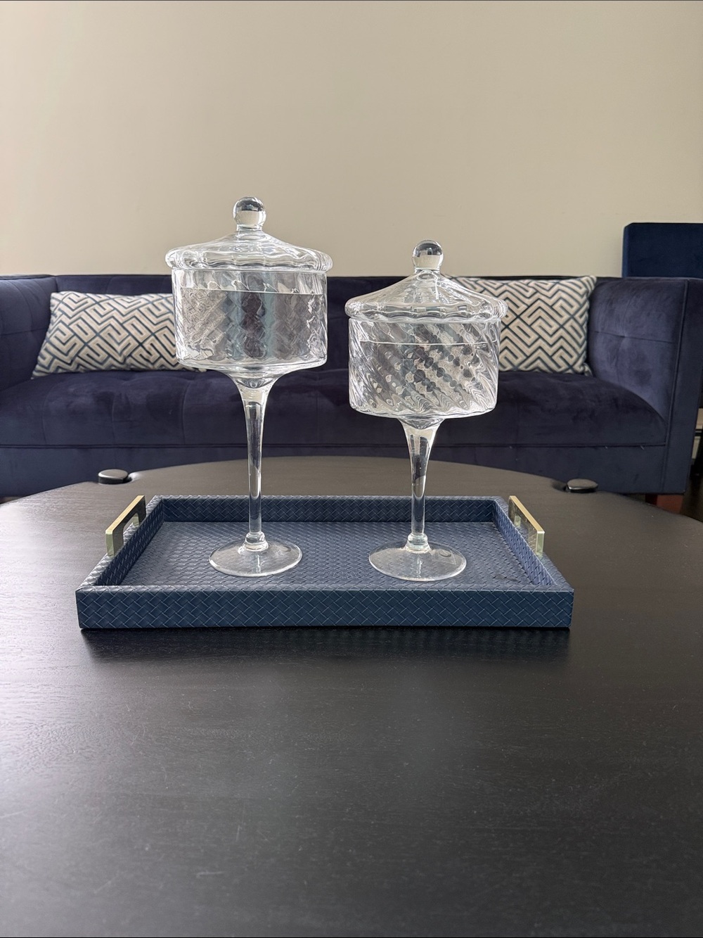 Clear Glass Lidded Stem Apothecary Jars — Set of 2